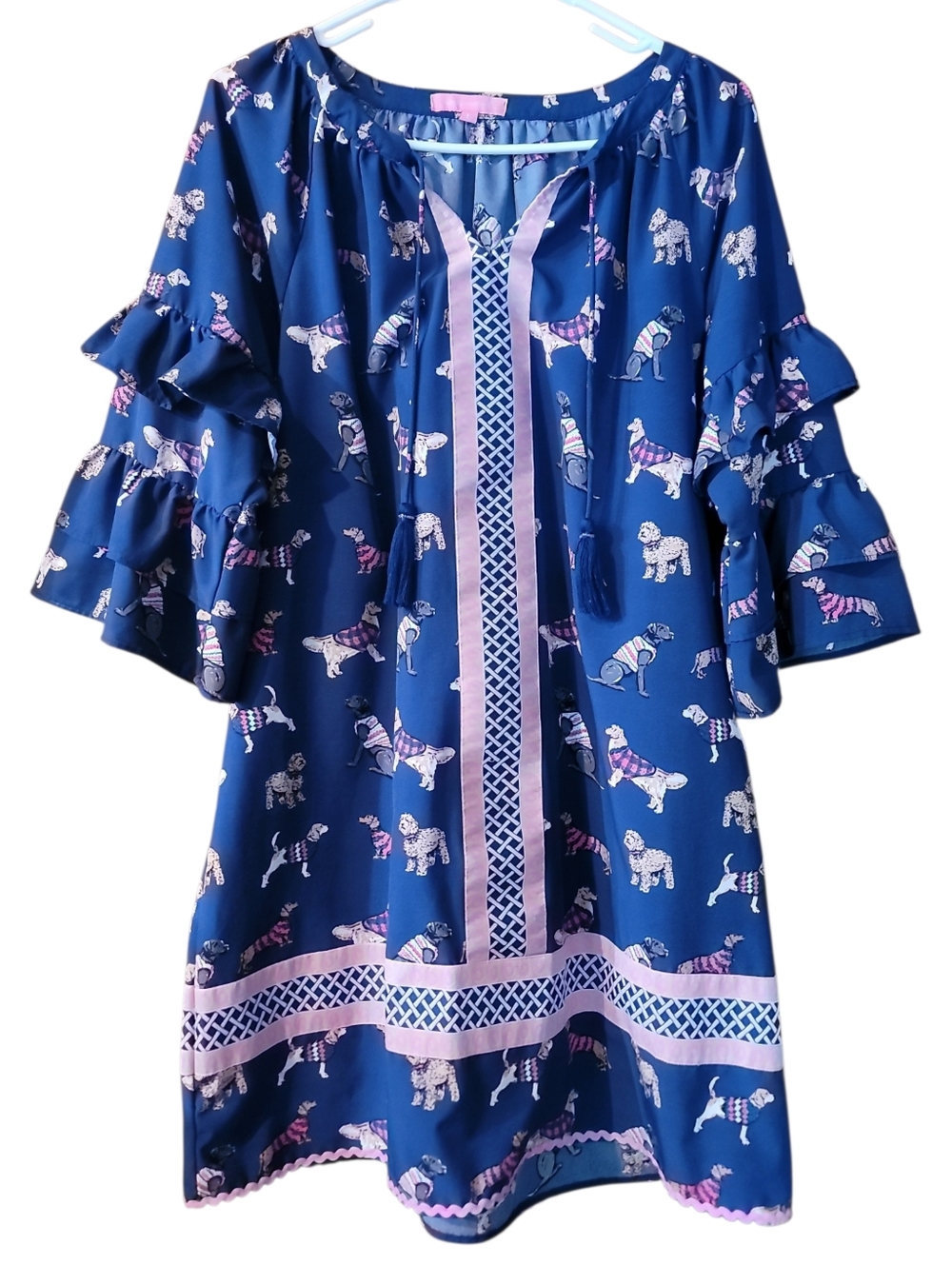 Blue Dog Print Ruffle Sleeve Dress with Pink Trim – Women’s Size Large